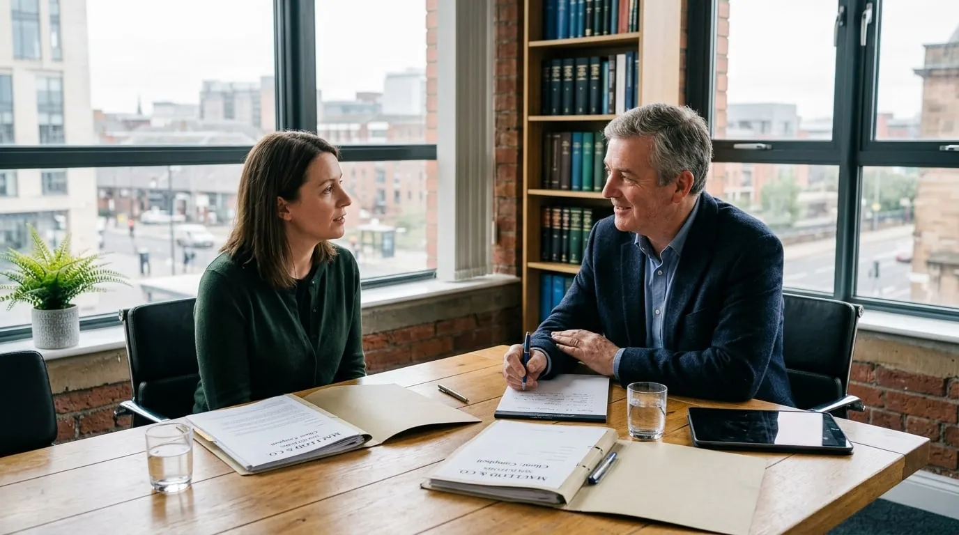 A lawyer and client talking across a desk in a bright Glasgow office