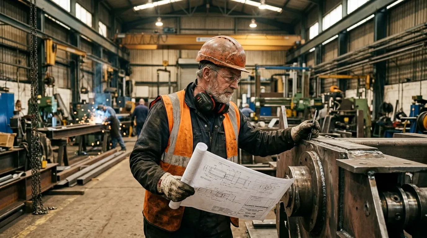An engineer wearing ear defenders in a heavy engineering workshop