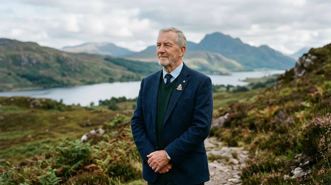 A veteran in civilian clothes standing in the Scottish hills